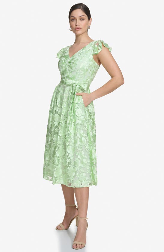 Shop Kensie Floral Embroidered Fit & Flare Midi Dress In Lily Green