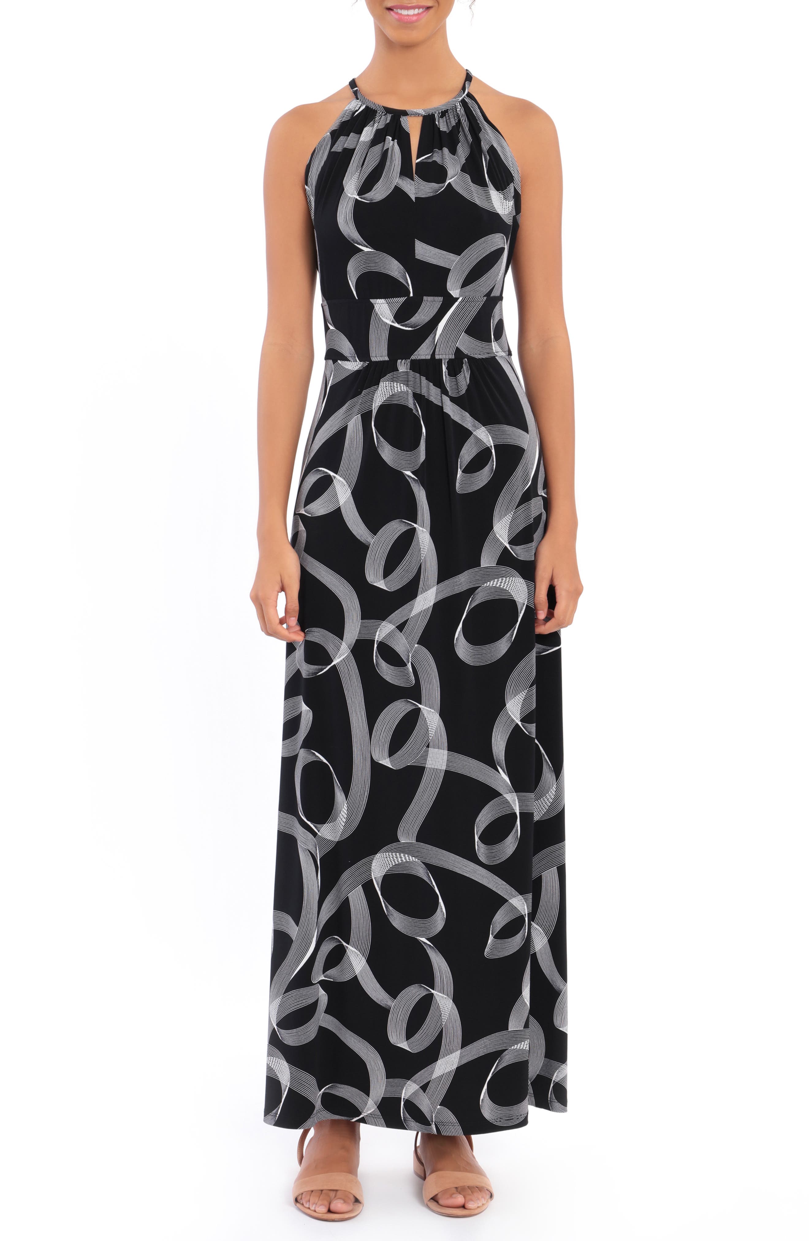 London Times Swirly Scroll Printed Jersey Dress In Blk White