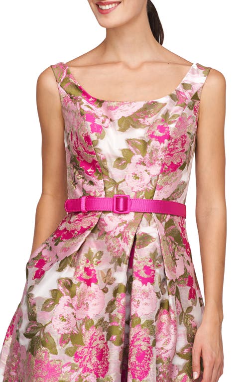 Shop Kay Unger Miriam Belted Brocade Midi Dress In Wild Raspberry