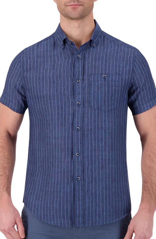 Report Collection Novelty Short Sleeve Stripe Linen Button-down Shirt In Navy
