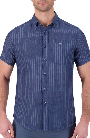 Shop Report Collection Novelty Short Sleeve Stripe Linen Button-down Shirt In 41 Navy