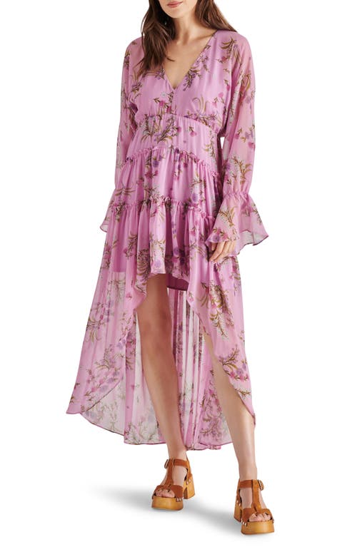 Sol Floral Print Long Sleeve High-Low Dress in Purple