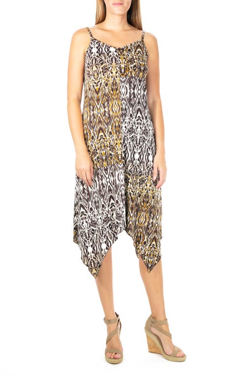 Nina Leonard V-neck Sleeveless Handkerchief Hem Dress In Coffee Bean Multi Echo