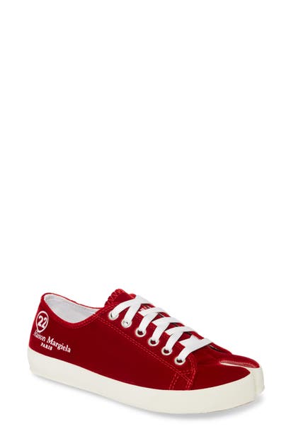 Click to view more detailed imagery on our partner's website Maison Margiela Tabi Lace-Up Sneaker In Tomato Suede
