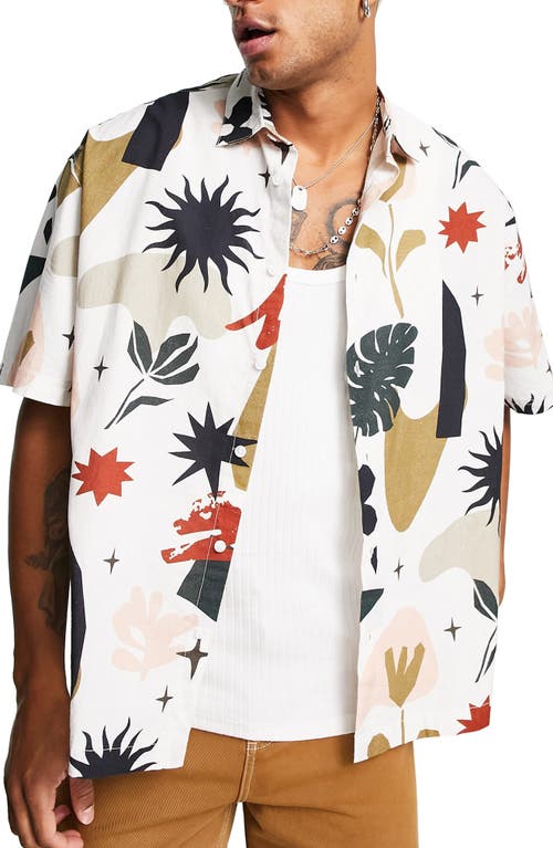 ASOS DESIGN Oversize Print Button-Up Shirt in Ivory