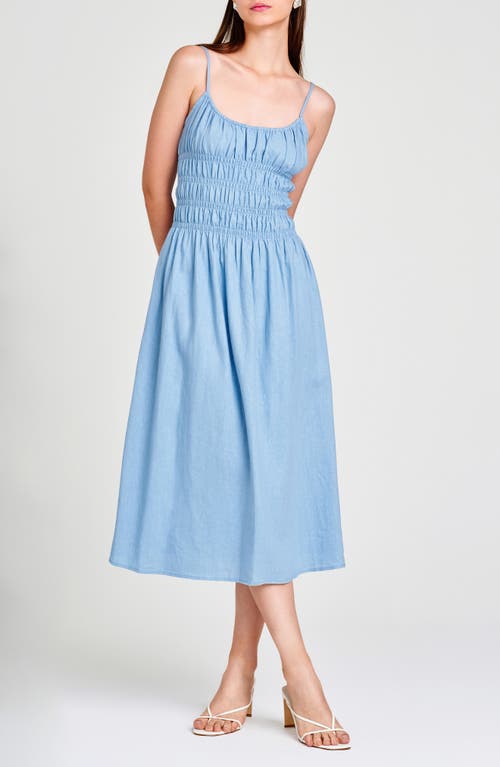 Shop Wayf Isabelle Smocked Linen Blend Midi Sundress In Dusty Blue