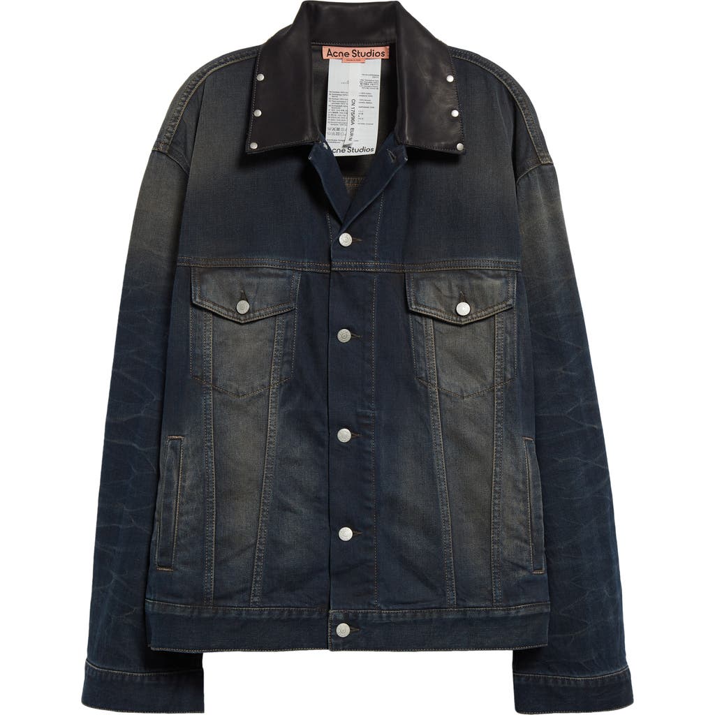 Acne Studios Leather Collar Oversize Denim Jacket In Dark Blue