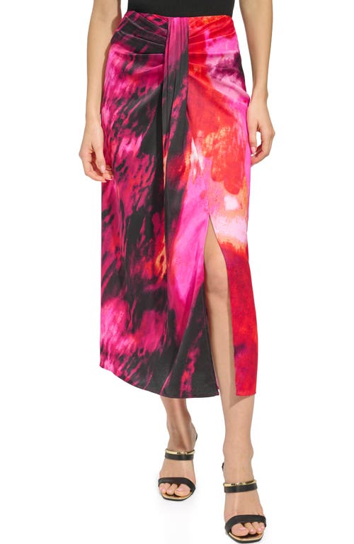 DKNY Print Pleated Drape Midi Skirt Shocking Pink Multi at Nordstrom,