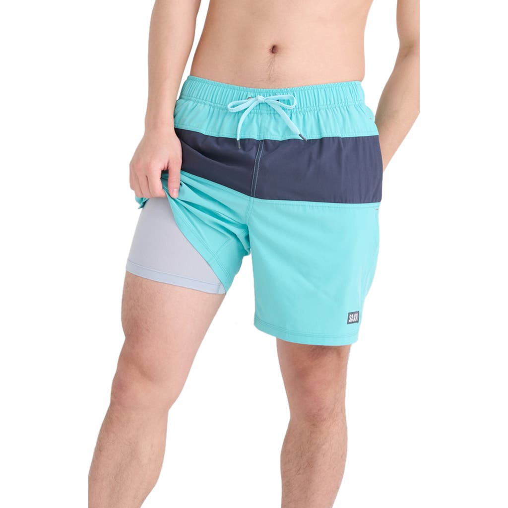 Saxx Oh Buoy Colorblock Volley Swim Trunks In Turquiose/india Ink