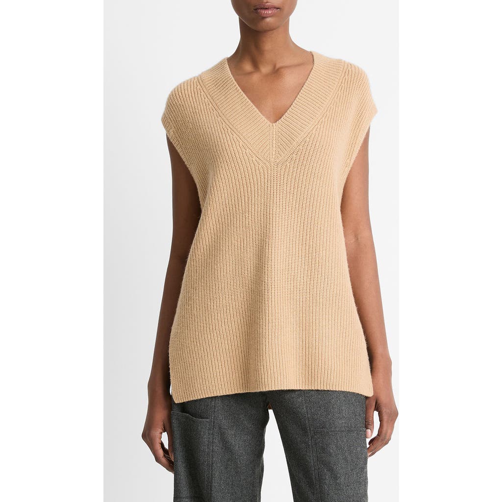 Shop Vince Wool & Cashmere Rib Sweater Vest In Camel