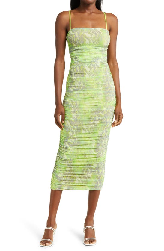 Afrm Hazel Snake Print Ruched Dress In Lime Abstract