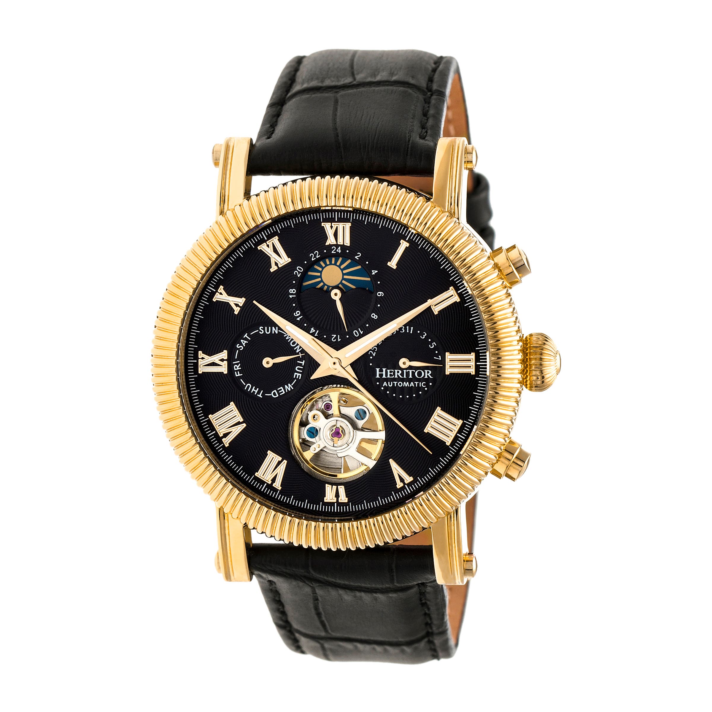 Heritor Automatic Winston Semi-Skeleton Leather-Band Watch in Gold/black Cover