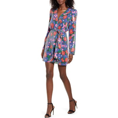 Wayf Mylene Floral Sequin Long Sleeve Wrap Front Minidress, Blue