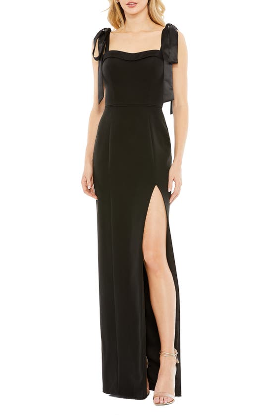 Ieena For Mac Duggal Tie Strap Satin Sheath Gown In Black