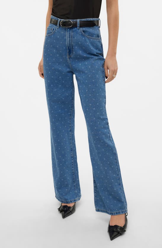 Shop Vero Moda Kathy Dot High Waist Wide Leg Jeans In Medium Blue Denim