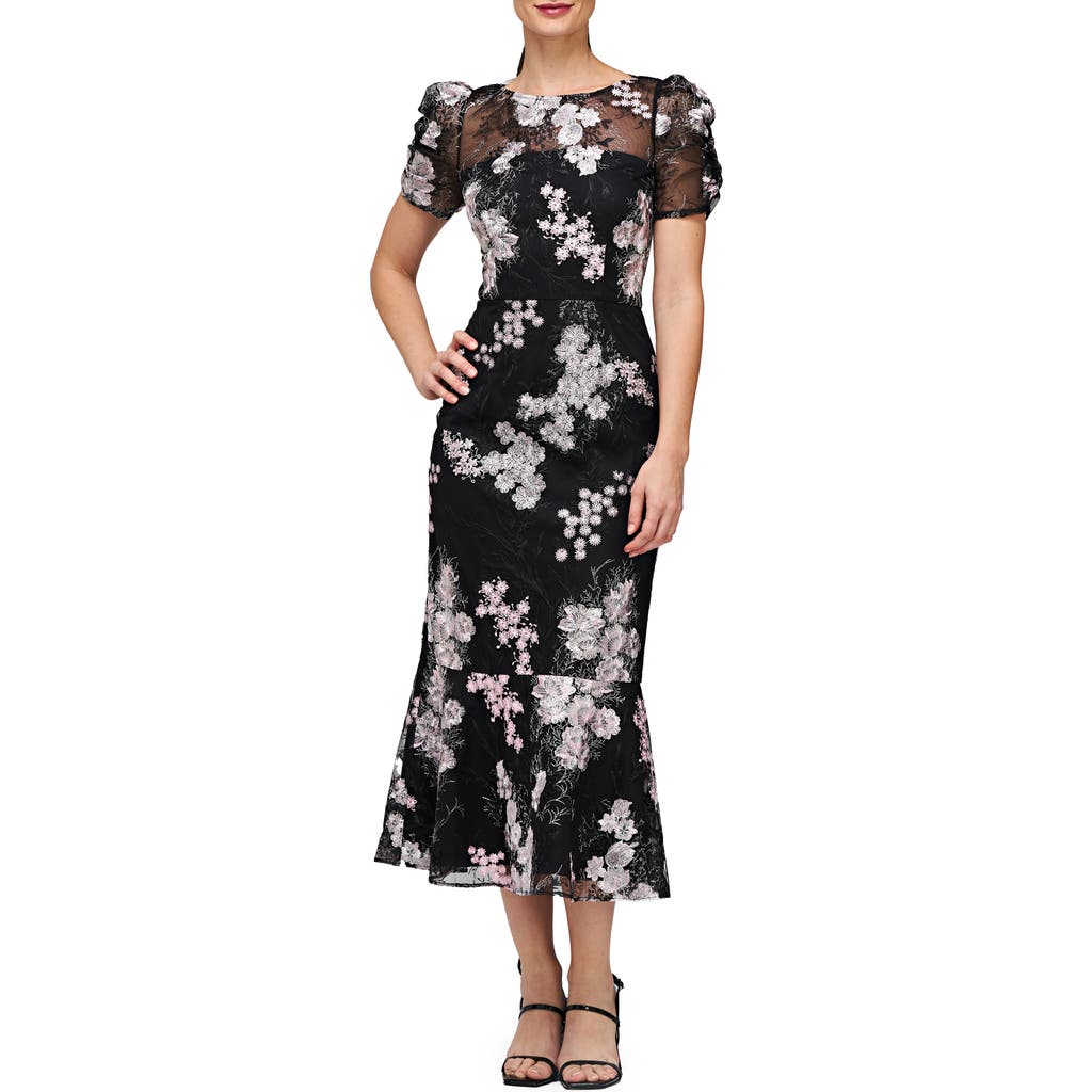 Js Collections Hope Floral Embroidered Cocktail Dress In Black/blush