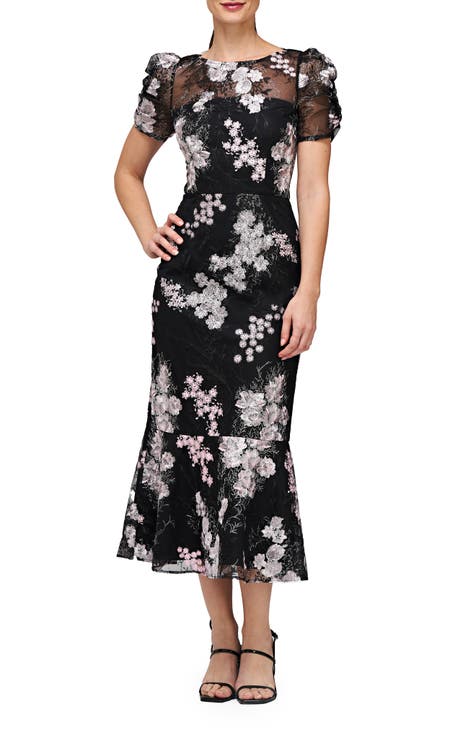 Floral Lace Midi Plus Dress with Silk Tie Straps