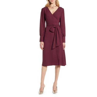 Halogen Long Sleeve Wrap Midi Dress, Burgundy