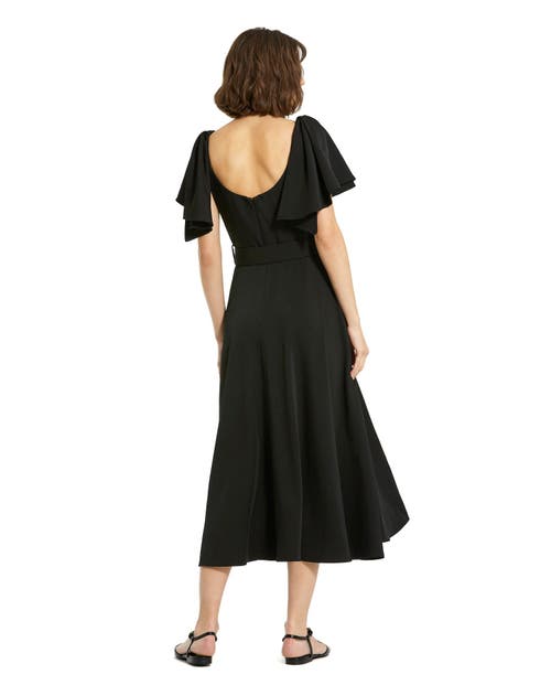 Shop Mac Duggal Crepe Ruffle Sleeve Midi Dress With Belt In Black