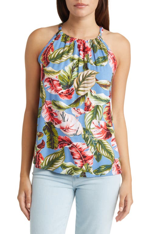 Loveappella Leaf Print Tank In Denim/coral