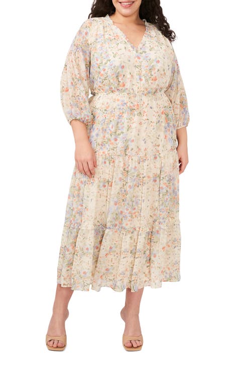 Floral Tiered Long Sleeve Maxi Dress (Plus)