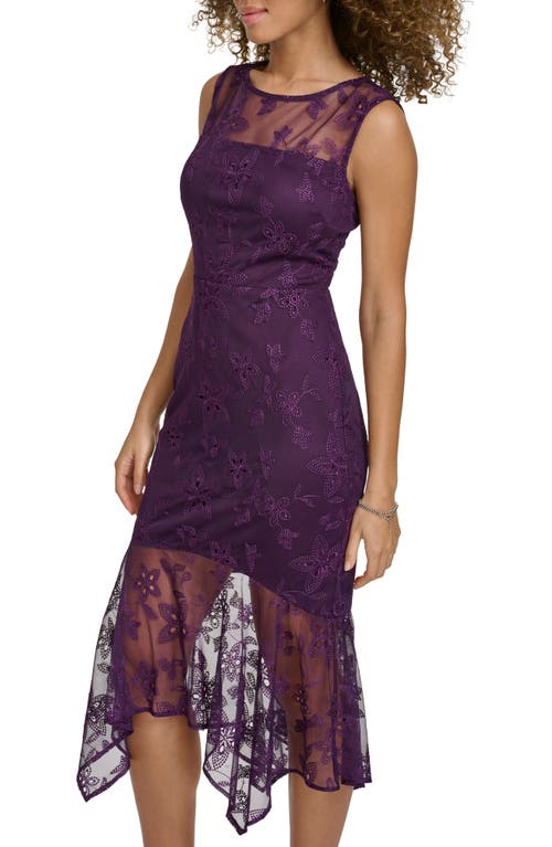 Kensie Embroidered Mesh Sleeveless Dress In Eggplant