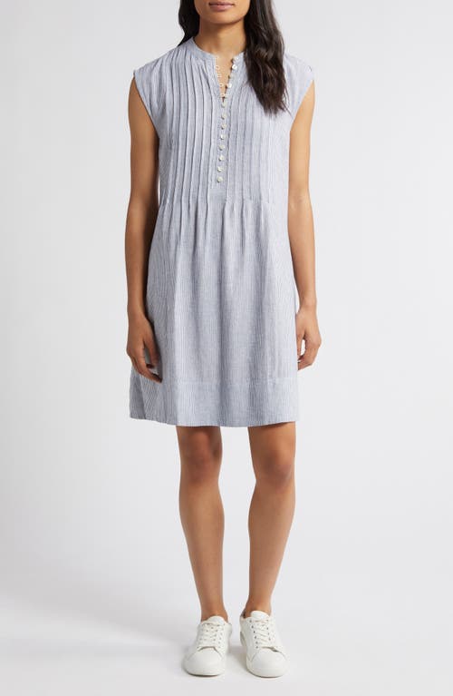 caslon(r) Stripe Pintuck Detail Linen Blend Dress in Blue Ensign- White Leah Stripe