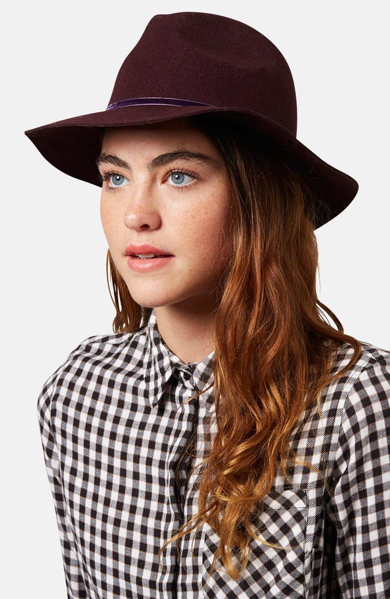 TOPSHOP 'New Clean Edge' Wool Fedora, Main, color, BURGUNDY