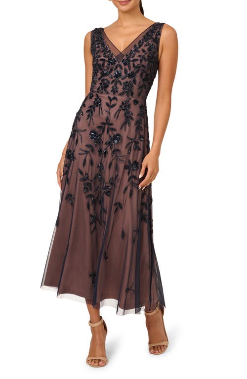 Adrianna Papell Beaded Mesh Sheath Cocktail Dress In Navy/rose Gold