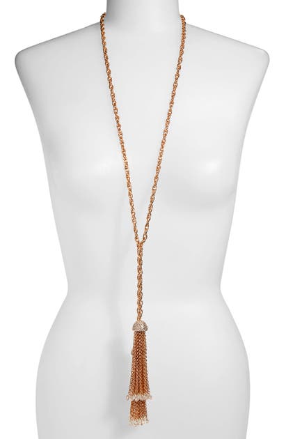 Stella Ruby Crystal Embellished Chain Tassel Lariat Necklace In