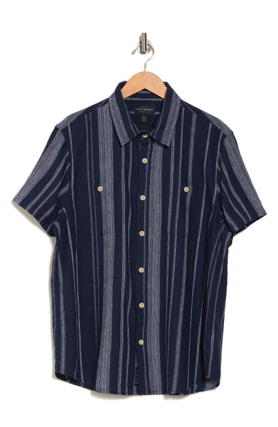 Lucky Brand Mason Plaid Linen Short Sleeve Shirt In Black