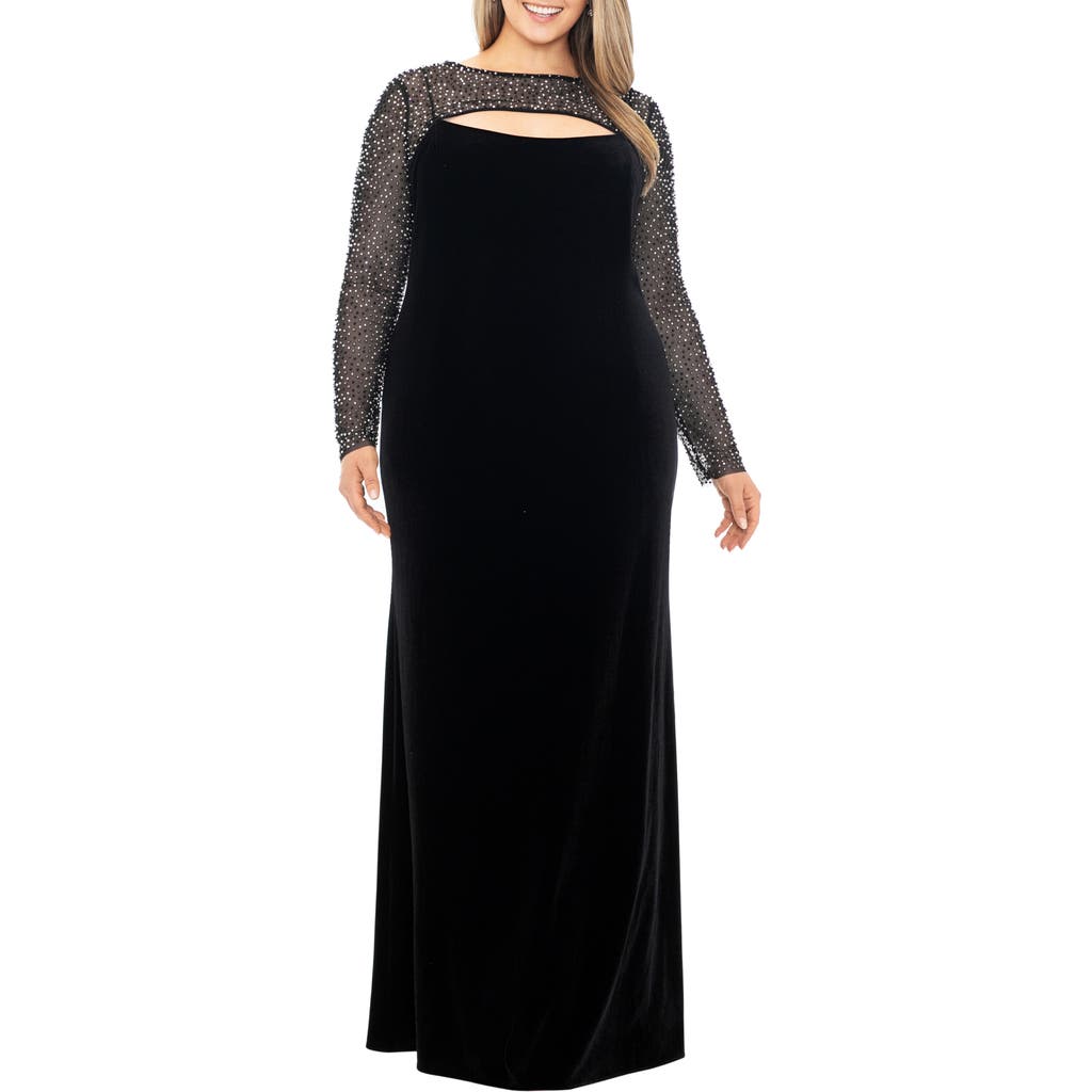 Betsy & Adam Faraj Embellished Cutout Long Sleeve Velvet Gown In Black/silver