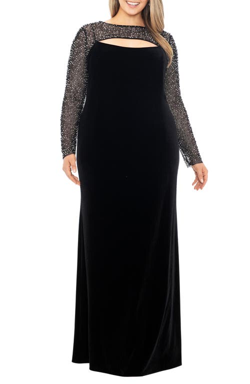 Betsy & Adam Faraj Embellished Cutout Long Sleeve Velvet Gown in Black/Silver at Nordstrom, Size 14W
