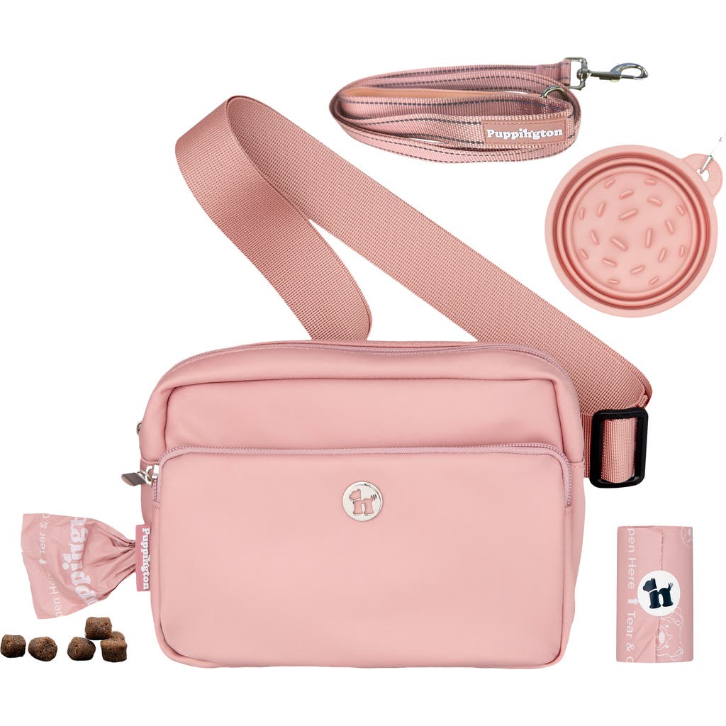 Puppington 3-in-1 Dog Walking Bag With Poop Bags Plus Travel Bowl And Reflective Leash In Blush Pink