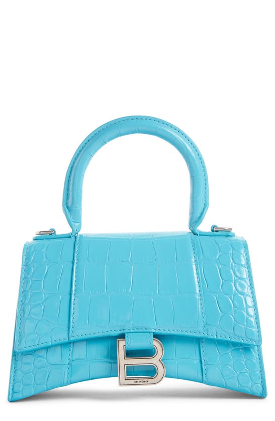 Balenciaga Extra Small Hourglass Croc Embossed Leather Top Handle Bag In Turquoise