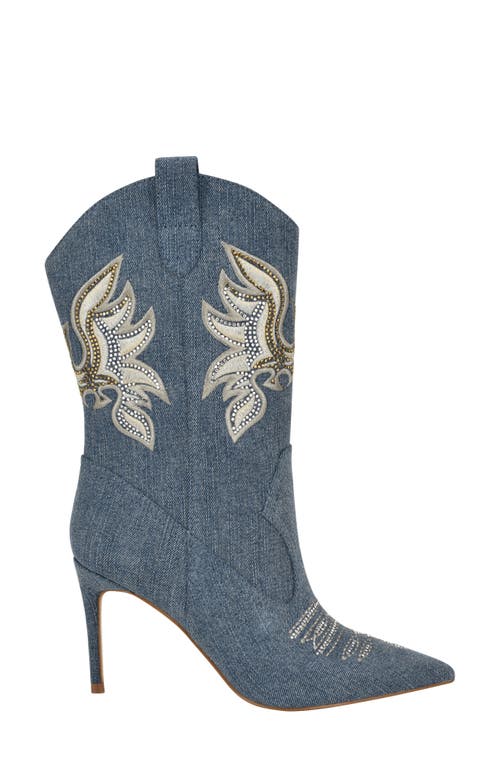 Guess Women's Rasima Denim Rhinestone Embellished High Heel Western Boots In Medium Blue