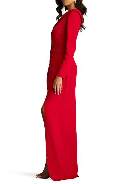 Shop Tadashi Shoji Pleated One-shoulder Long Sleeve Crepe Gown In Flame