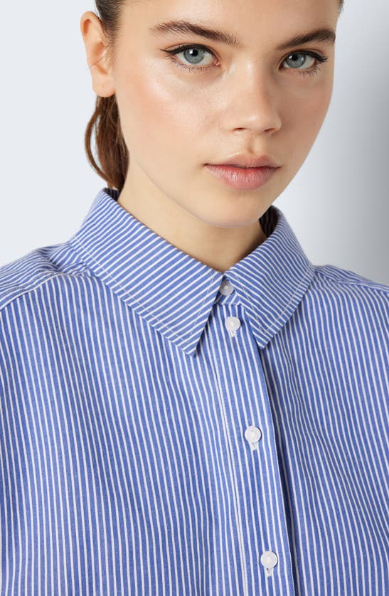 Shop Noisy May Katrine Stripe Crop Button-up Shirt In Bright White Stripesblue