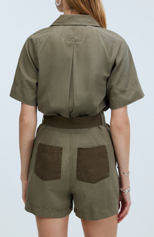 Shop Madewell Short Sleeve Patch Pocket Romper In Dark Olive