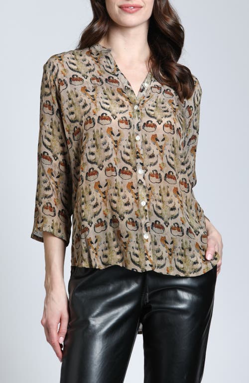 Shop Apny Print Mandarin Collar Button-up Top In Brown Multi