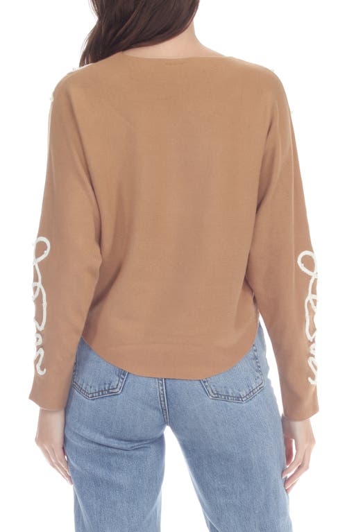 Rain And Rose Faux Pearl Embellished Knit Top In Camel