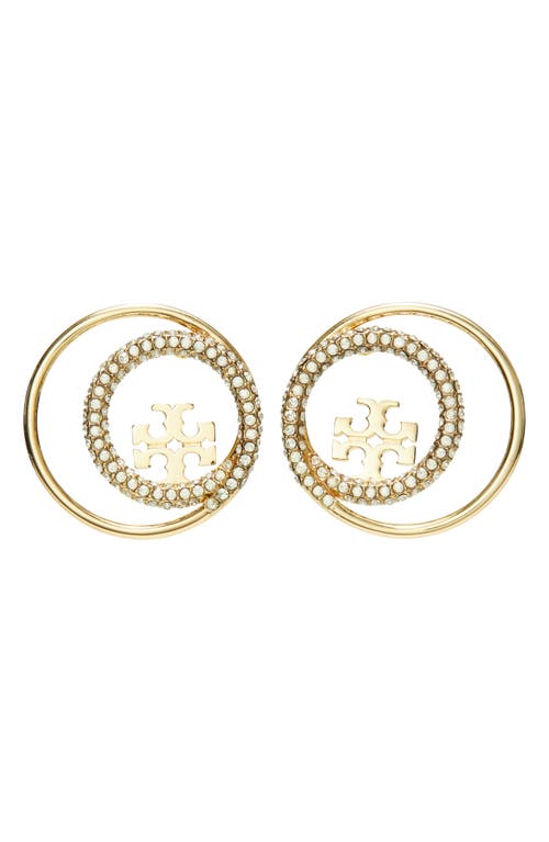 Shop Tory Burch Open Miller Stud Earrings In Rolled Brass/gold/crystal