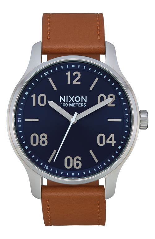 Shop Nixon Patrol Leather Strap Watch, 42mm In Brown/navy/silver