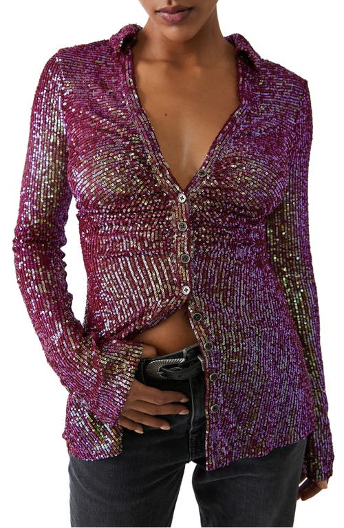 Free People Sequin Ruched Shirt in Dark Rhubarb