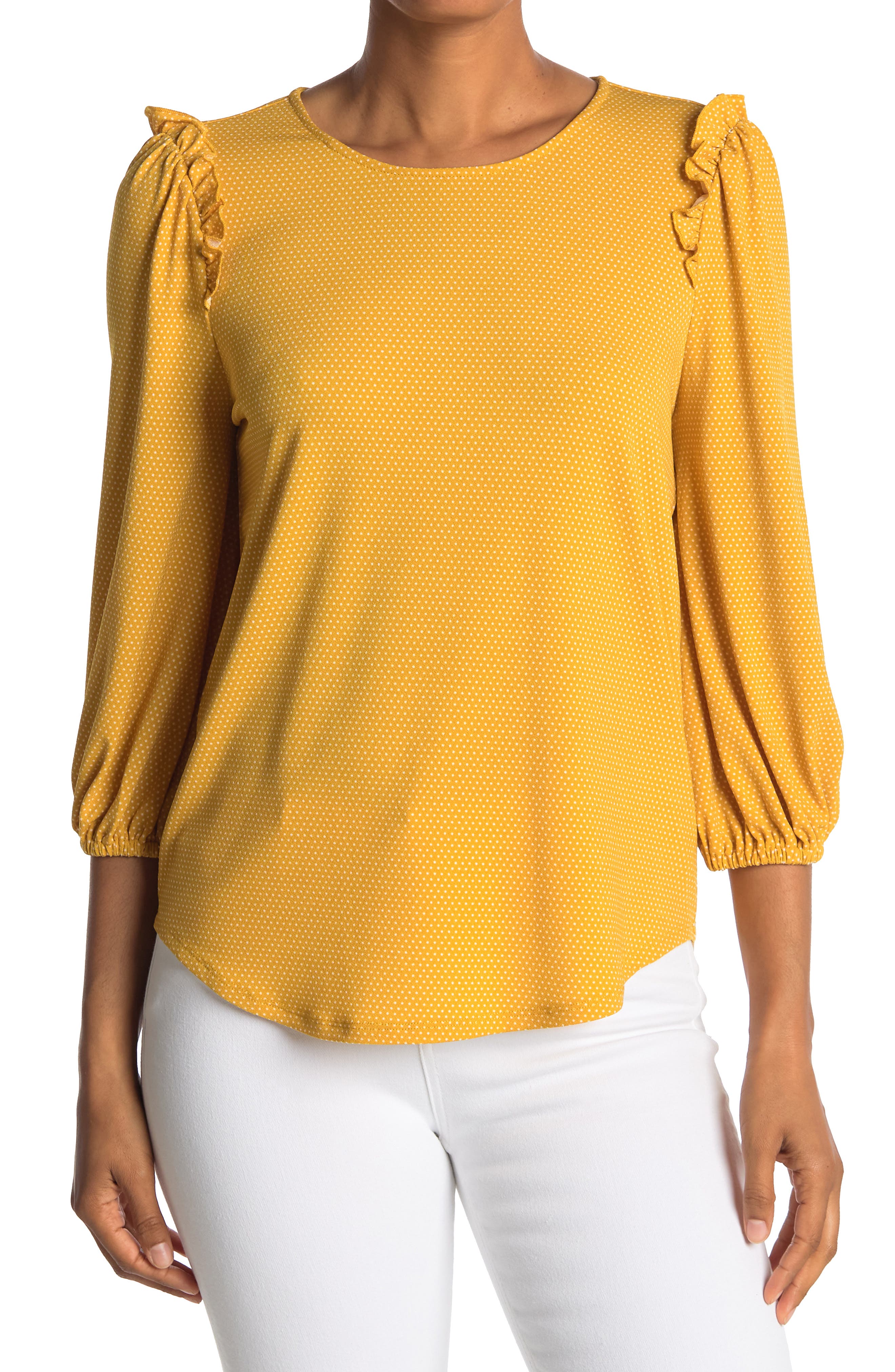 Adrianna Papell Ruffle Shoulder 3/4 Sleeve Moss Crepe Top In Open Yellow43