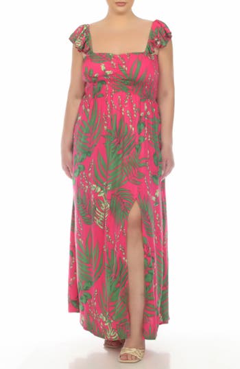 Shop Boho Me Smocked Flutter Sleeve Maxi Dress In Hot Pink/green