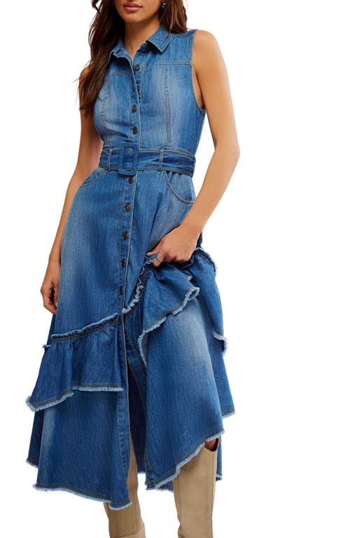 Shop Free People Beau Belted Asymmetric Hem Sleeveless Denim Shirtdress In Blue Grass