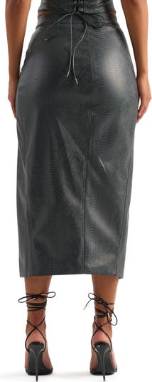 Snakeskin Print Front Slit High Waist Faux Leather Midi Skirt