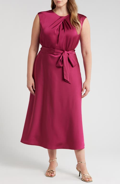 Shop Tahari Asl Cross Neck Satin Midi Dress In Mulberry