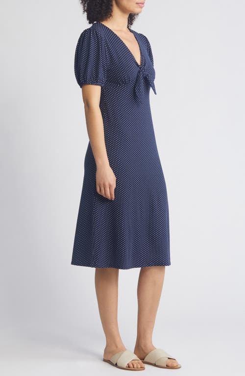 Shop Loveappella Polka Dot Puff Sleeve Midi Dress In Navy/white